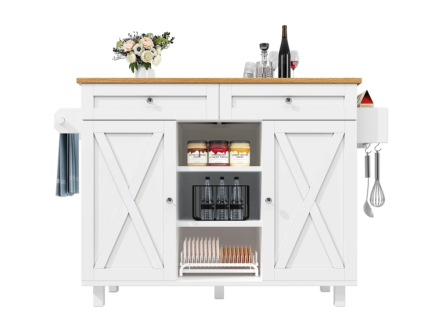 Îlot de cuisine multifonction, meuble de rangement avec étagères, MDF et métal, blanc (134x45.2x89 cm)