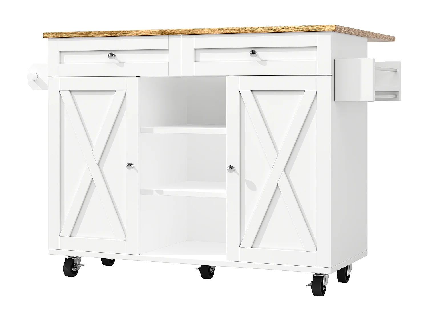 Îlot de cuisine multifonction, meuble de rangement avec étagères, MDF et métal, blanc (134x45.2x89 cm)