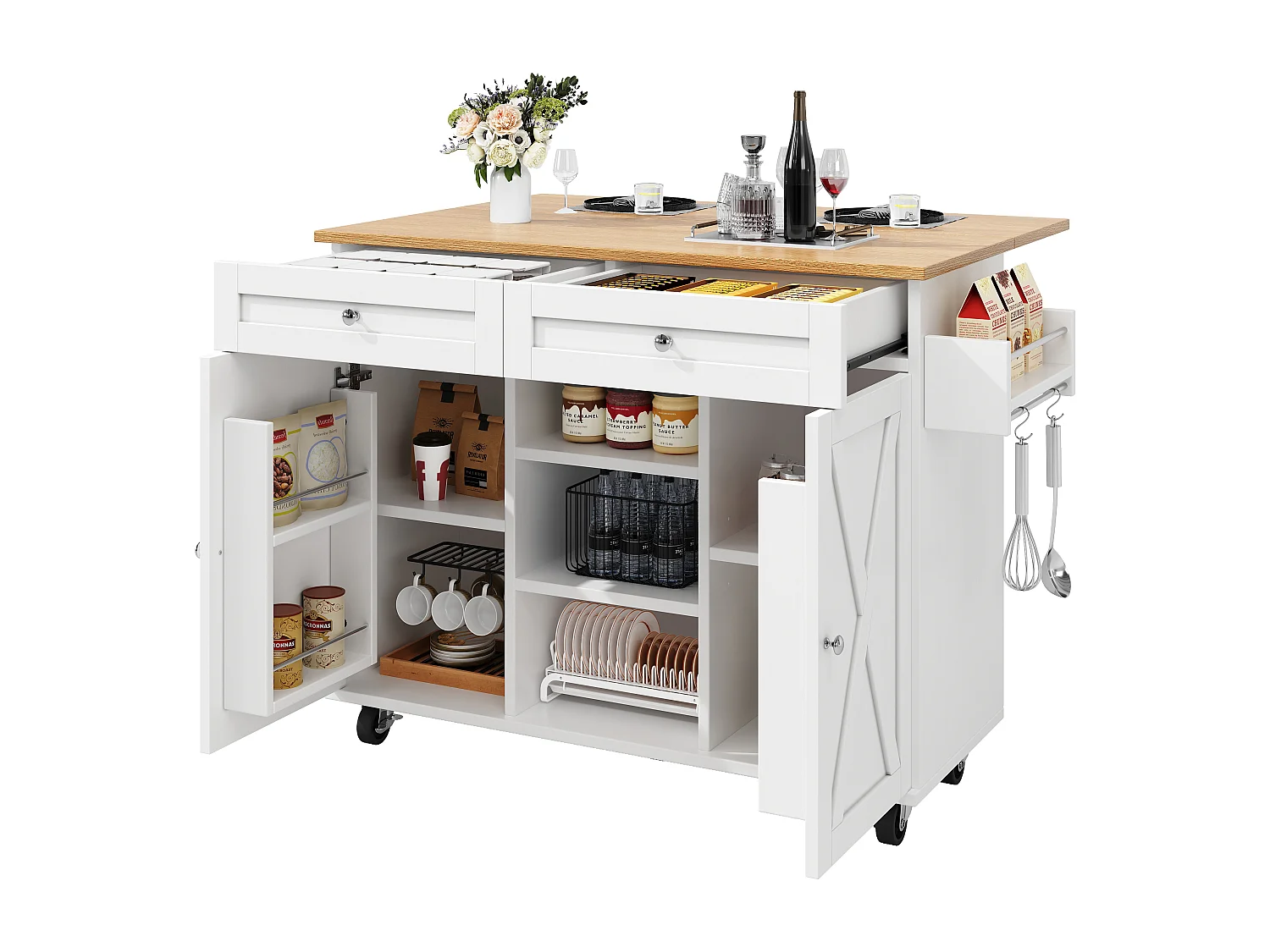 Îlot de cuisine multifonction, meuble de rangement avec étagères, MDF et métal, blanc (134x45.2x89 cm)