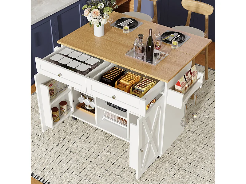 Îlot de cuisine multifonction, meuble de rangement avec étagères, MDF et métal, blanc (134x45.2x89 cm)