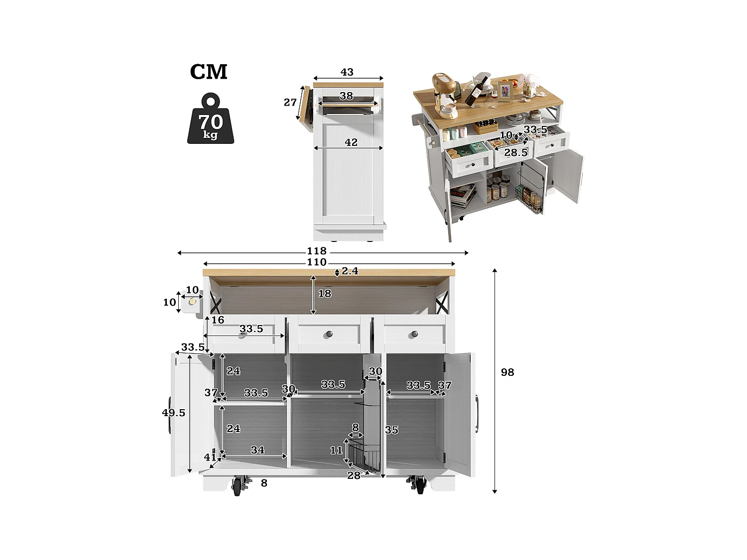 Îlot de cuisine moderne (118×43×98 cm), meuble de cuisine avec roulettes, espace de rangement modulable, porte-serviette, finition bois (blanc)
