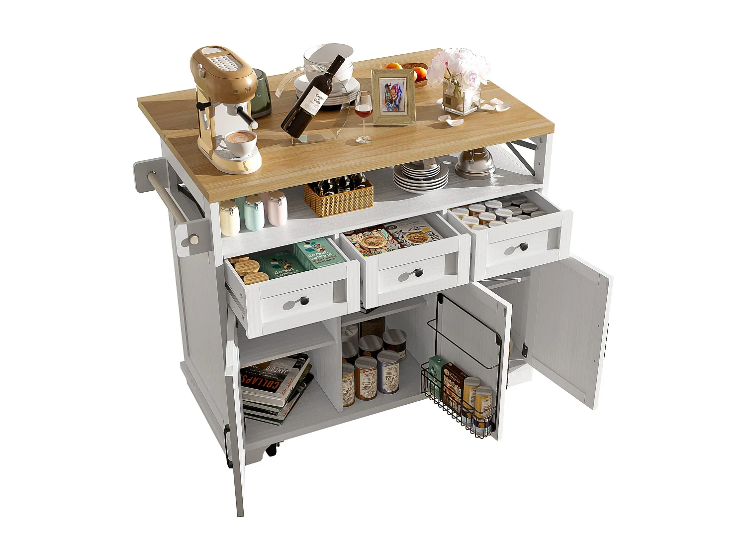 Îlot de cuisine moderne (118×43×98 cm), meuble de cuisine avec roulettes, espace de rangement modulable, porte-serviette, finition bois (blanc)