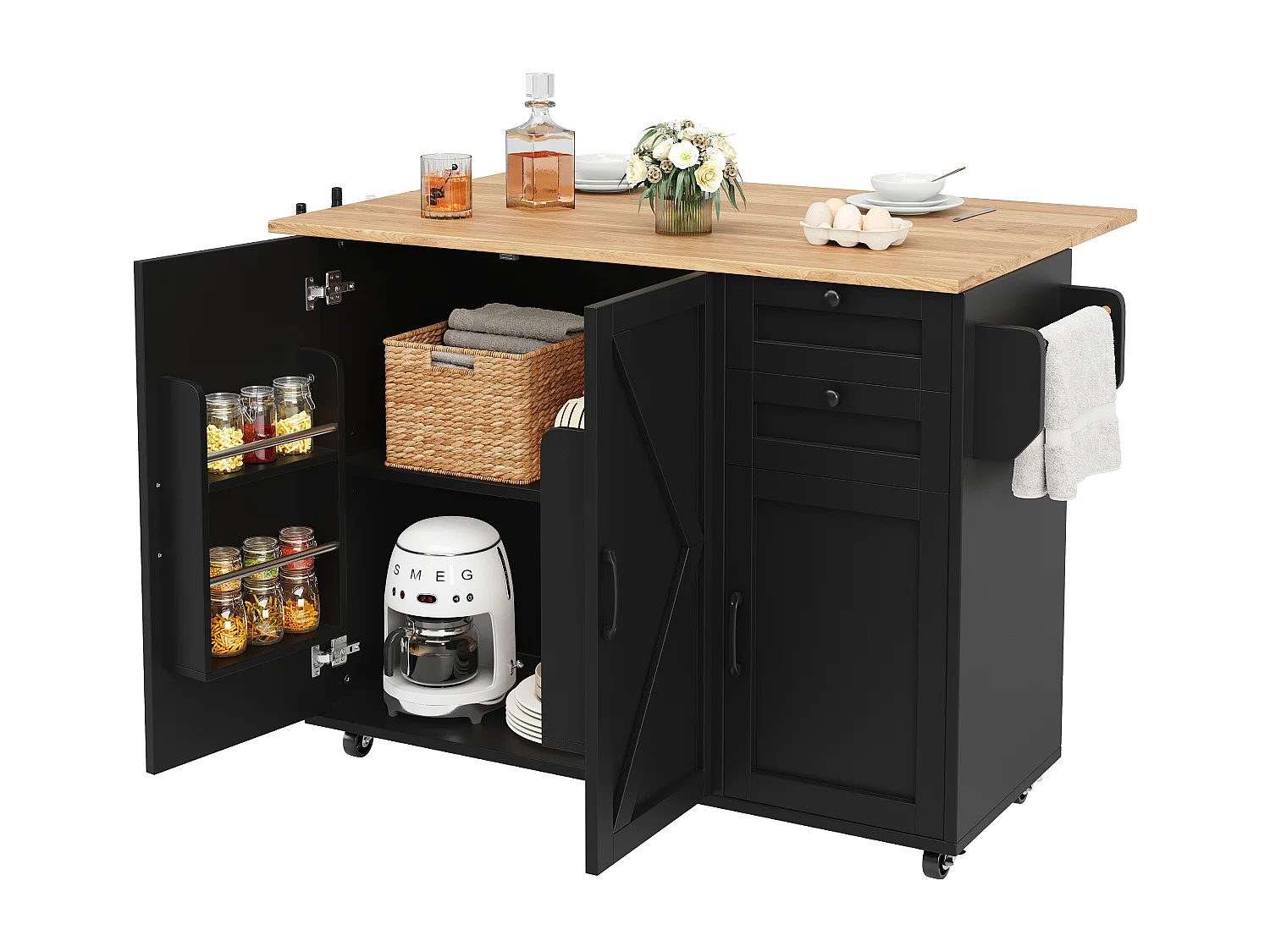 Îlot de cuisine avec plan de travail extensible, meuble de rangement, MDF, blanc, 120x43.2x92 cm