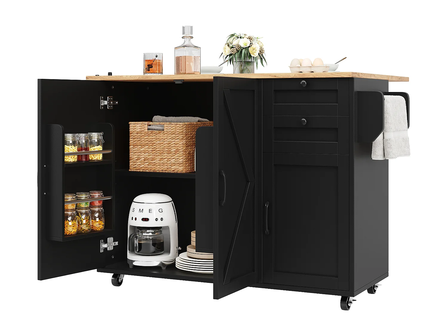 Îlot de cuisine avec plan de travail extensible, meuble de rangement, MDF, blanc, 120x43.2x92 cm