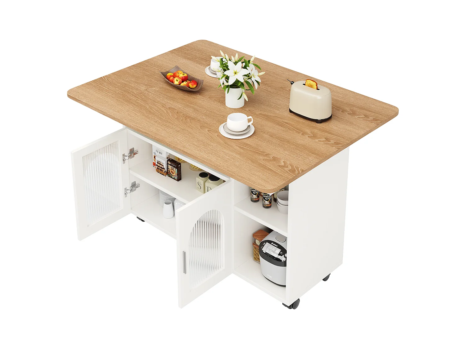 Îlot cuisine moderne, plan rabattable, chariot multifonction, buffet MDF et verre, blanc (120x30x79.5 cm)