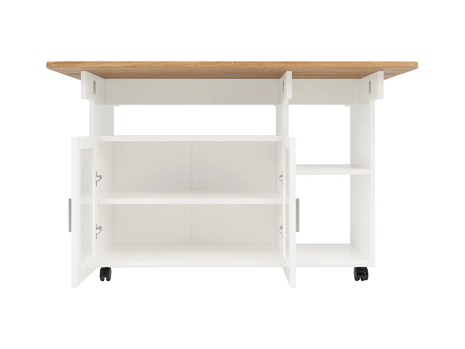 Îlot cuisine moderne, plan rabattable, chariot multifonction, buffet MDF et verre, blanc (120x30x79.5 cm)