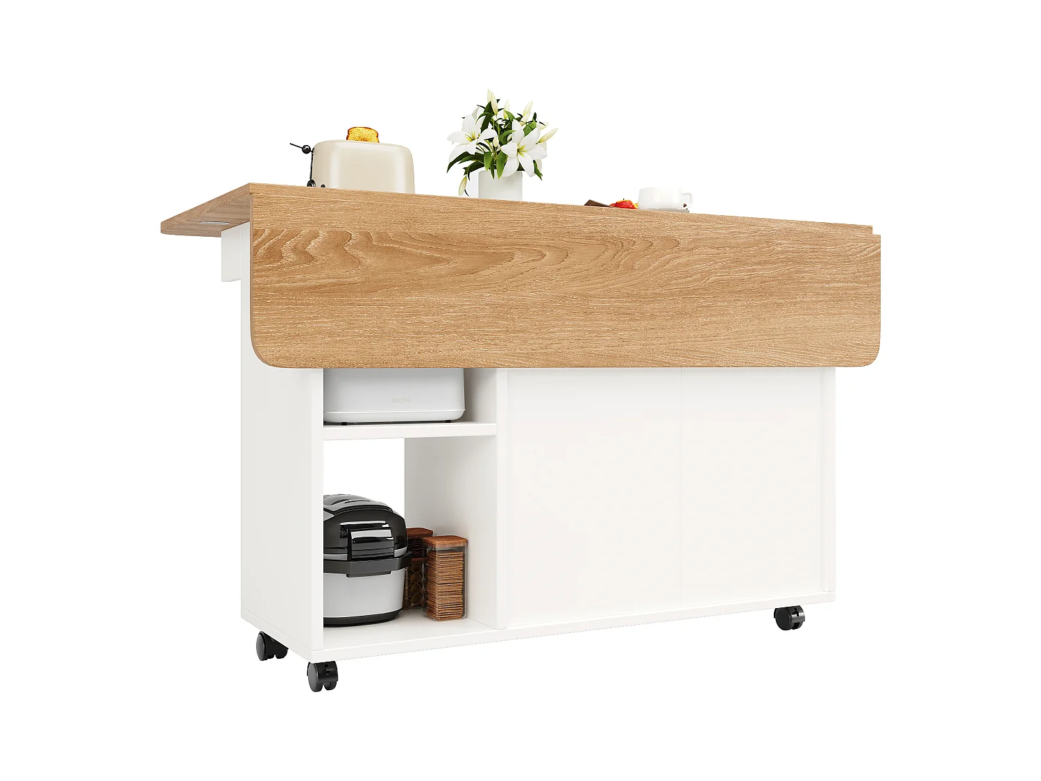 Îlot cuisine moderne, plan rabattable, chariot multifonction, buffet MDF et verre, blanc (120x30x79.5 cm)