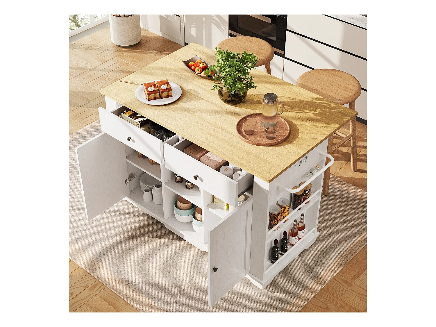 Keukeneiland met opklapbaar werkblad, keukentrolley met stopcontact, MDF en metaal, wit en naturel (151,5x59,7x91,7 cm)