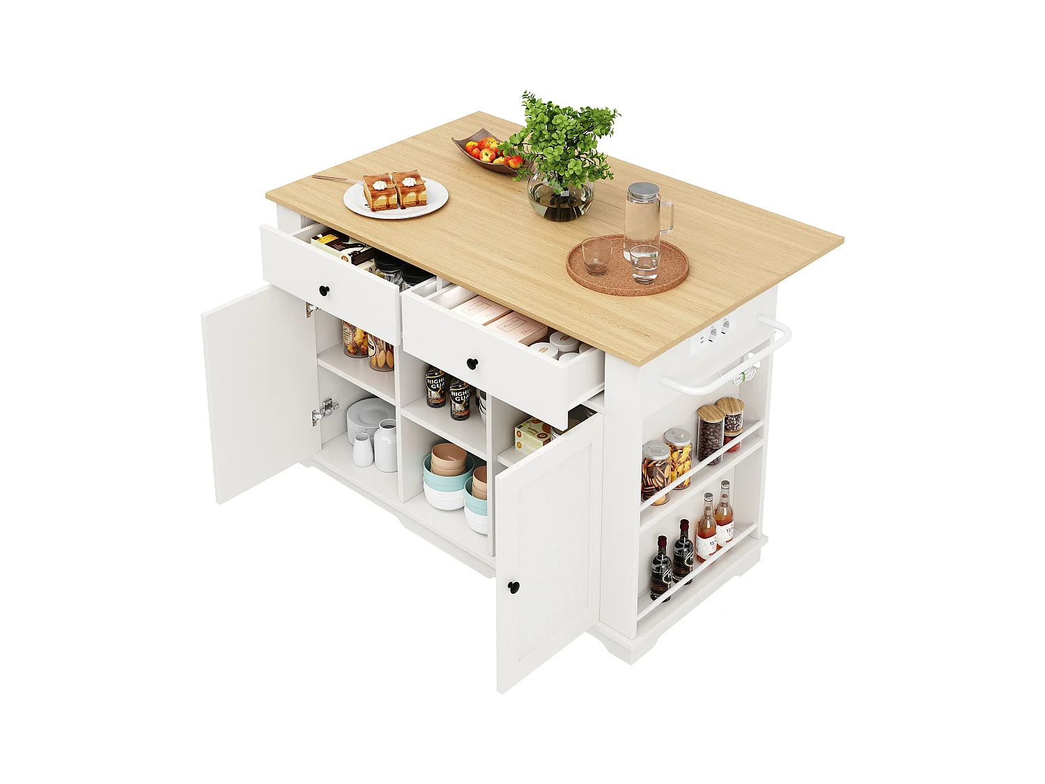 Keukeneiland met opklapbaar werkblad, keukentrolley met stopcontact, MDF en metaal, wit en naturel (151,5x59,7x91,7 cm)