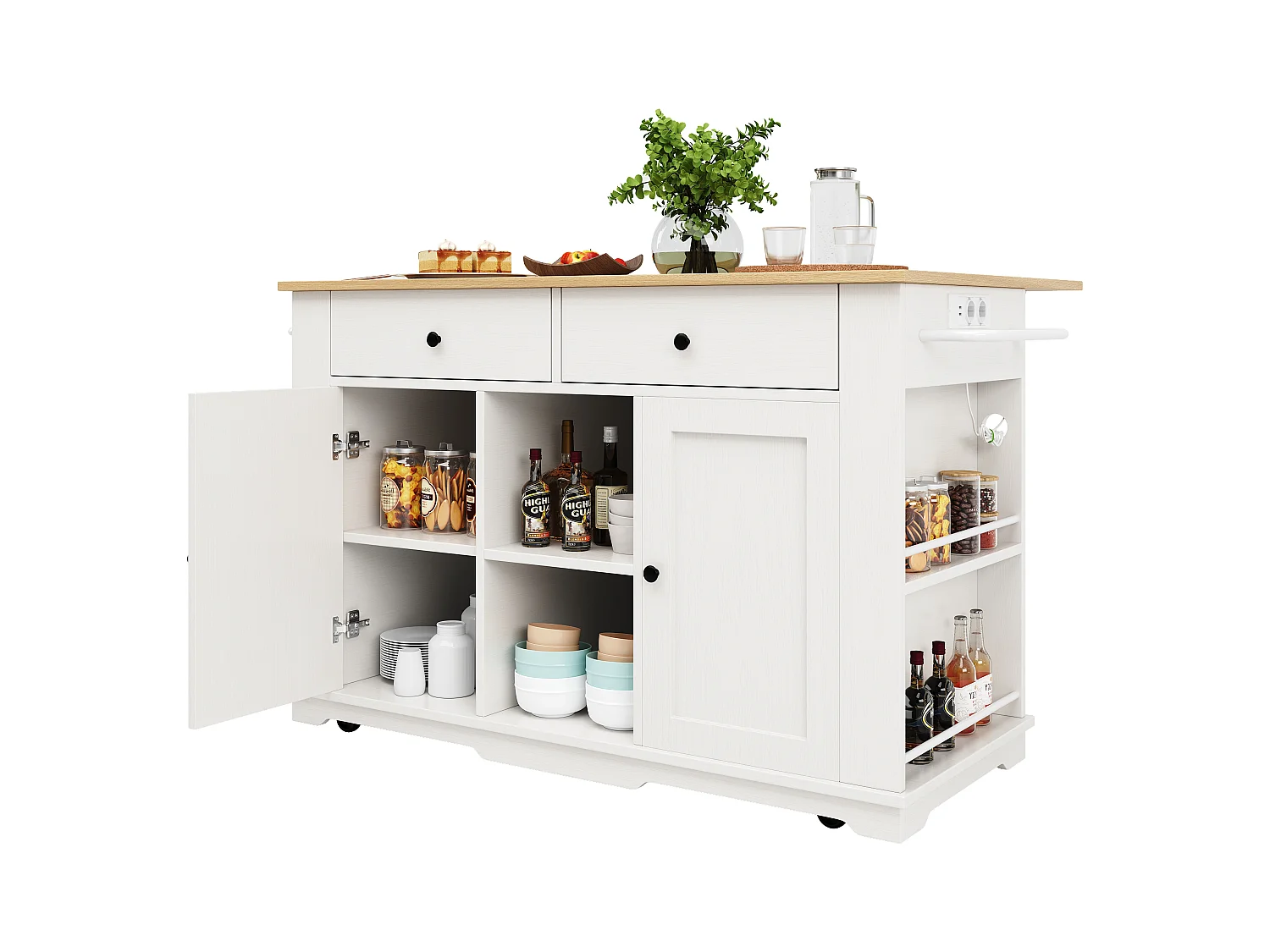 Keukeneiland met opklapbaar werkblad, keukentrolley met stopcontact, MDF en metaal, wit en naturel (151,5x59,7x91,7 cm)