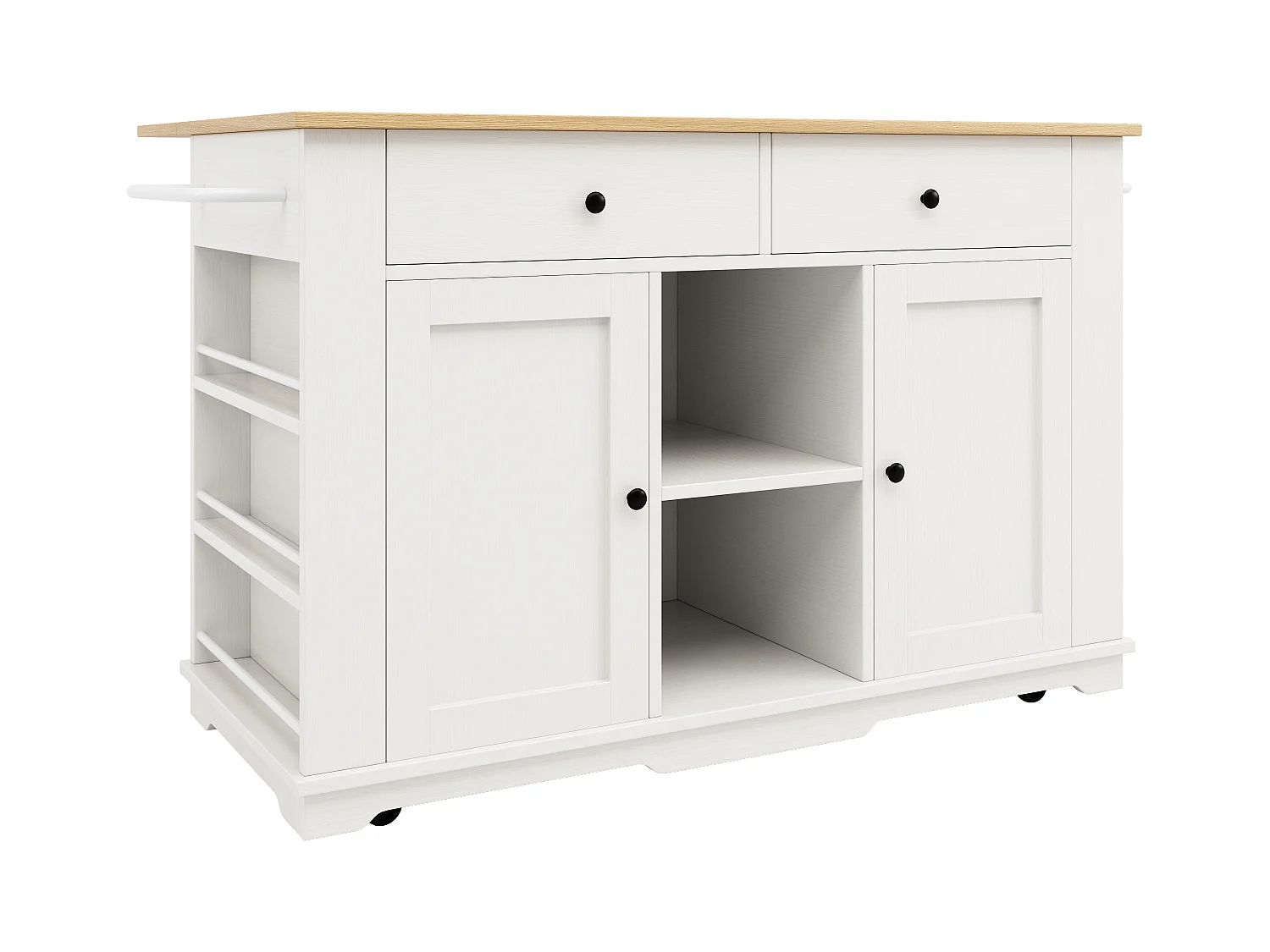 Keukeneiland met opklapbaar werkblad, keukentrolley met stopcontact, MDF en metaal, wit en naturel (151,5x59,7x91,7 cm)