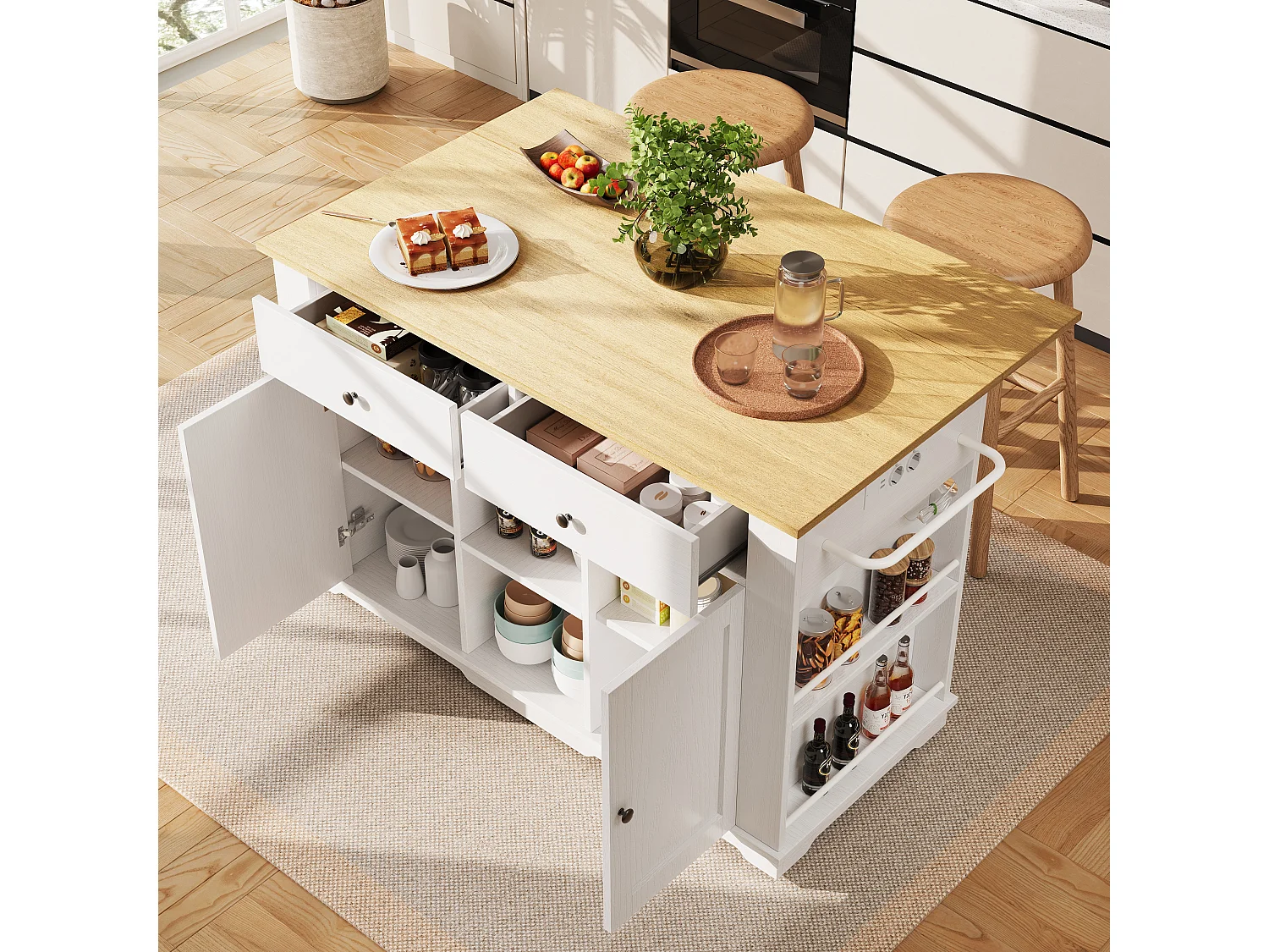 Isla de cocina con encimera abatible, carrito de cocina con toma de corriente, MDF y metal, blanco y natural (151,5x59,7x91,7 cm)