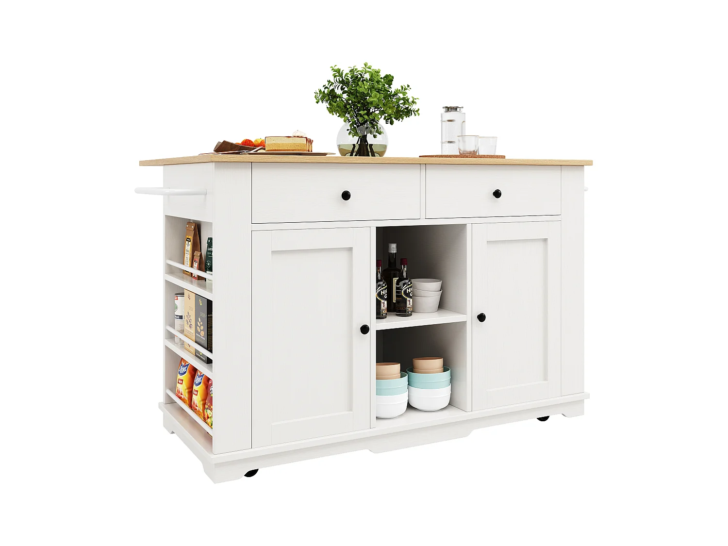 Isla de cocina con encimera abatible, carrito de cocina con toma de corriente, MDF y metal, blanco y natural (151,5x59,7x91,7 cm)