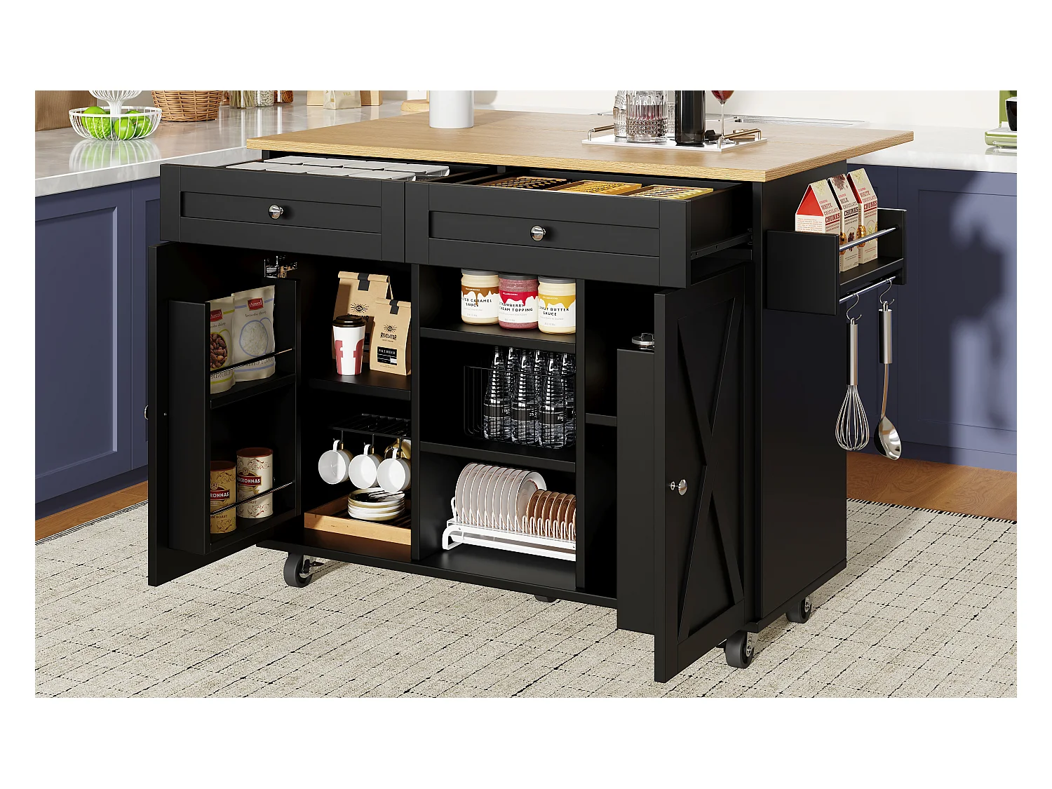 Îlot de cuisine multifonction, meuble de rangement avec étagères, MDF et métal, noir (134x45.2x89 cm)