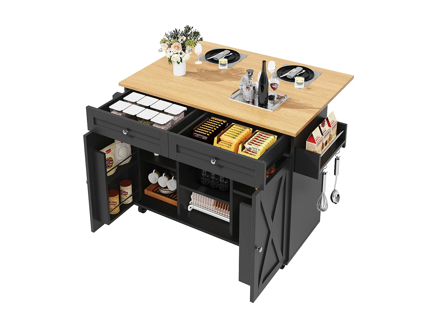 Îlot de cuisine multifonction, meuble de rangement avec étagères, MDF et métal, noir (134x45.2x89 cm)