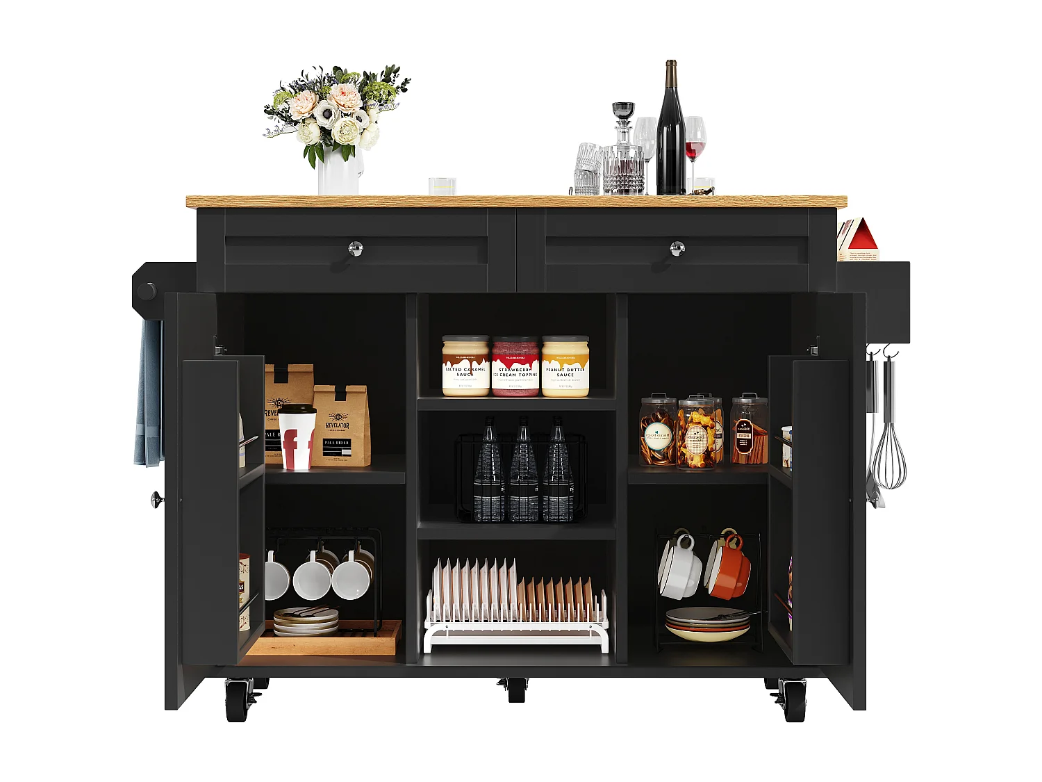 Îlot de cuisine multifonction, meuble de rangement avec étagères, MDF et métal, noir (134x45.2x89 cm)