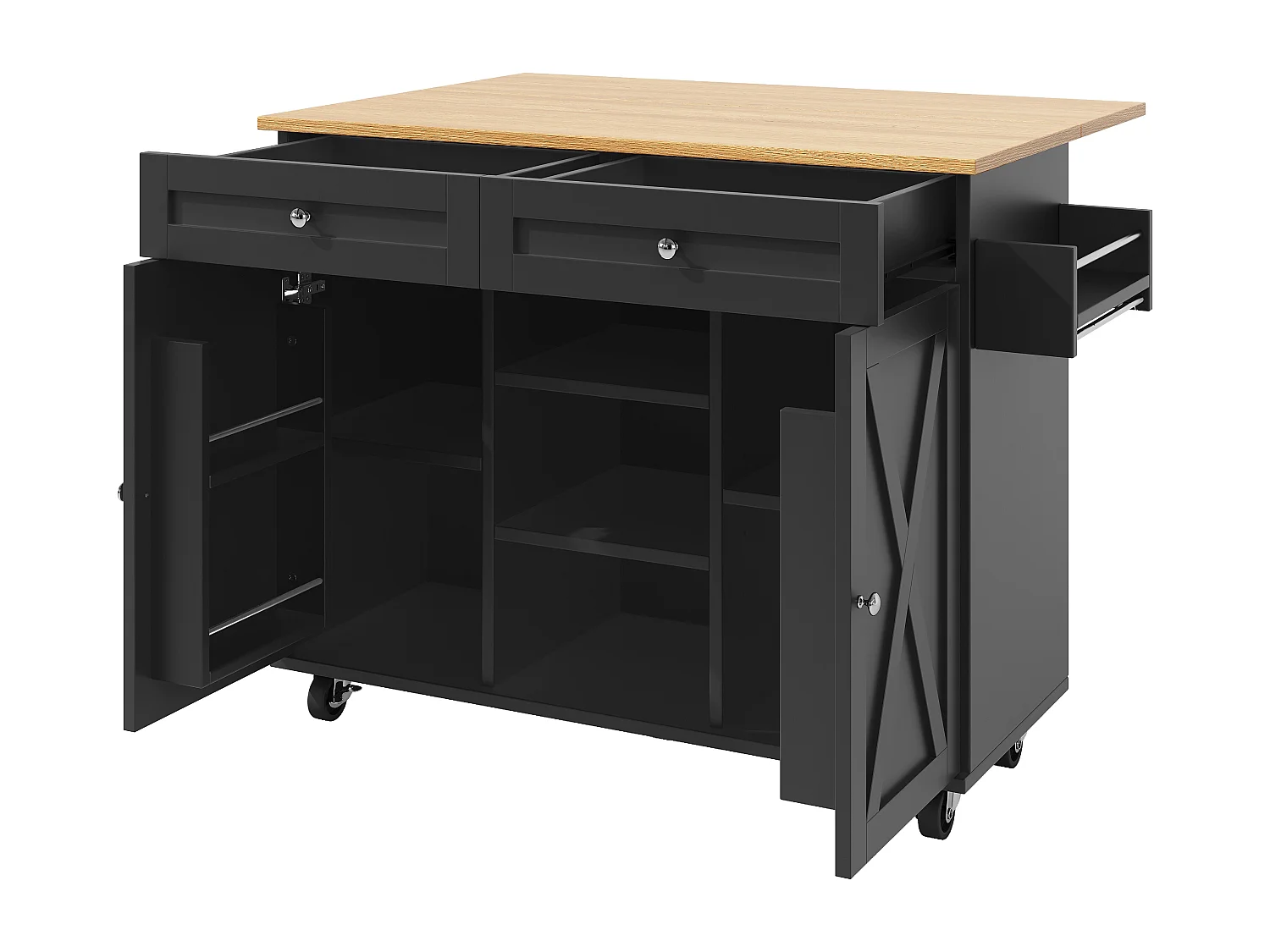 Îlot de cuisine multifonction, meuble de rangement avec étagères, MDF et métal, noir (134x45.2x89 cm)