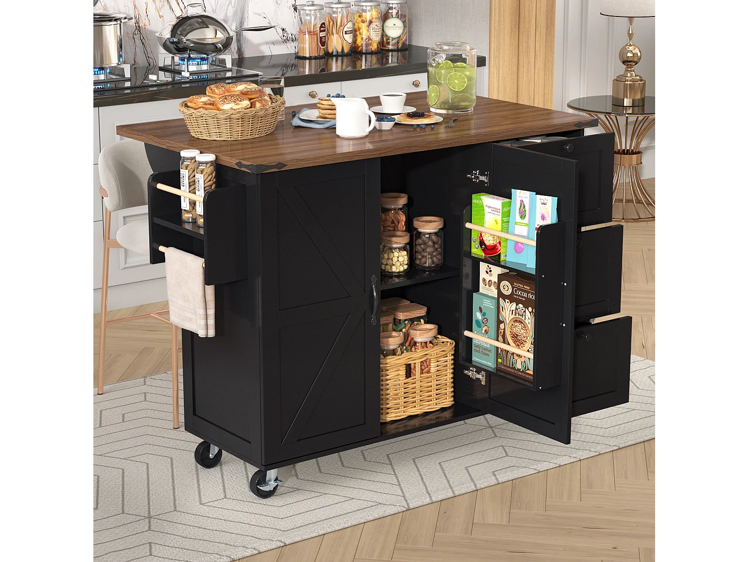 Îlot de Cuisine avec Plateau Rétroéclairé, Design Moderne, MDF, Noir et Noyer, avec 2 Portes et 3 Tiroirs (140x45x92.5 cm)