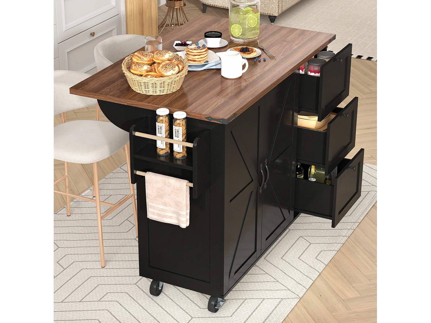 Îlot de Cuisine avec Plateau Rétroéclairé, Design Moderne, MDF, Noir et Noyer, avec 2 Portes et 3 Tiroirs (140x45x92.5 cm)