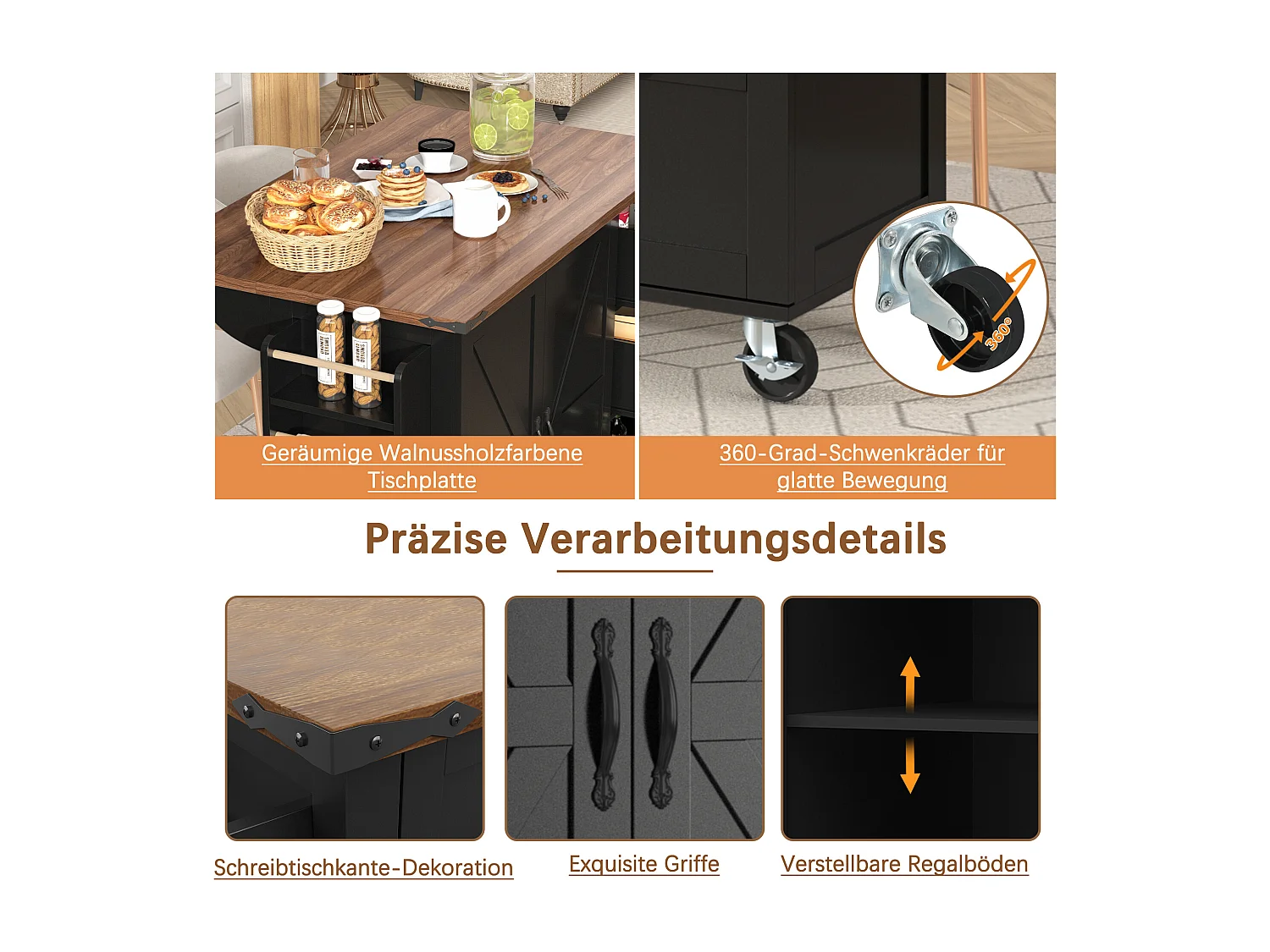 Îlot de Cuisine avec Plateau Rétroéclairé, Design Moderne, MDF, Noir et Noyer, avec 2 Portes et 3 Tiroirs (140x45x92.5 cm)