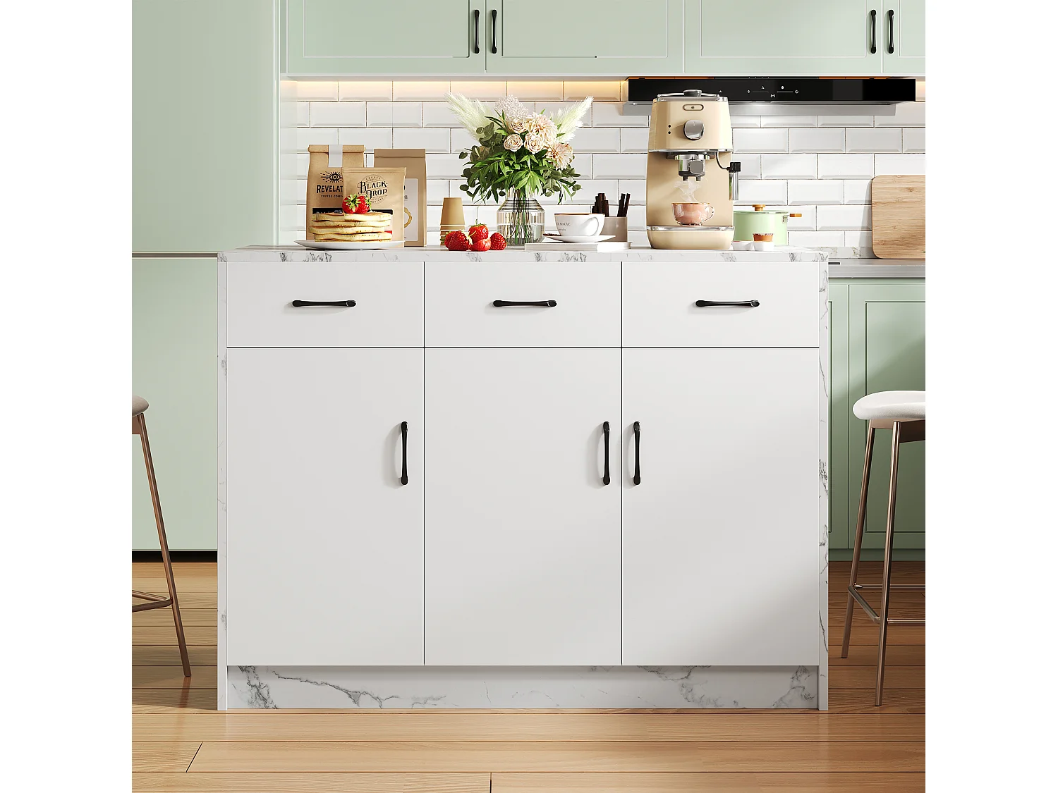 Isla de cocina con encimera de madera Eiche, puertas de cristal templado, estantes ajustables y toallero, diseño moderno (120 x 60 x 90,5 cm)