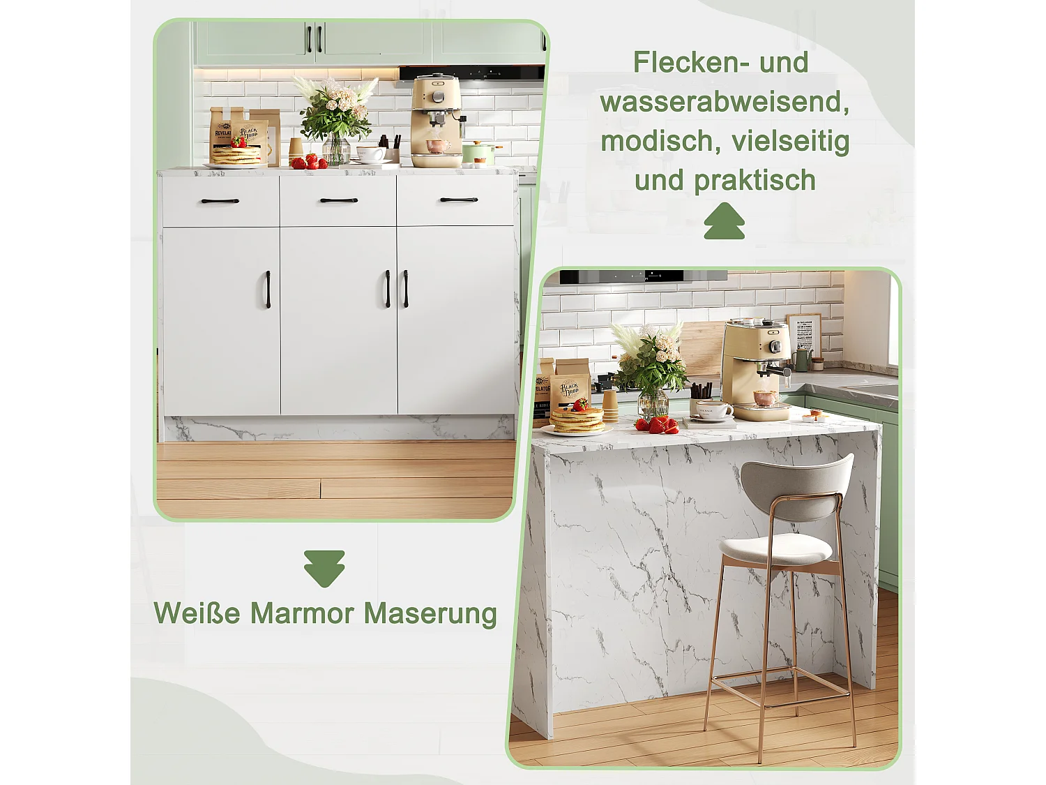 Isla de cocina con encimera de madera Eiche, puertas de cristal templado, estantes ajustables y toallero, diseño moderno (120 x 60 x 90,5 cm)