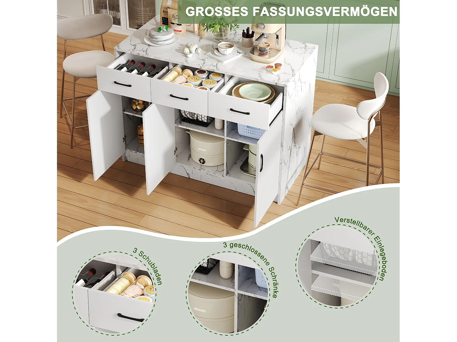 Isla de cocina con encimera de madera Eiche, puertas de cristal templado, estantes ajustables y toallero, diseño moderno (120 x 60 x 90,5 cm)