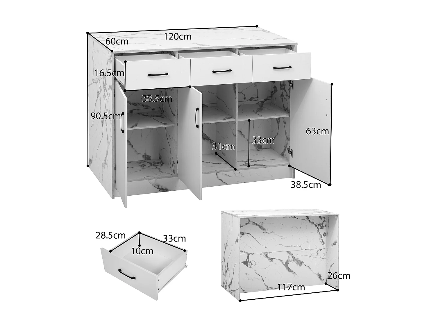 Isla de cocina con encimera de madera Eiche, puertas de cristal templado, estantes ajustables y toallero, diseño moderno (120 x 60 x 90,5 cm)