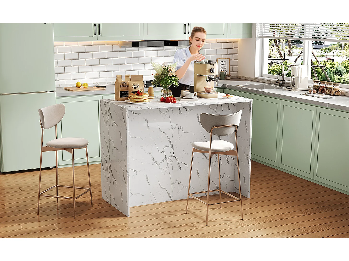 Isla de cocina con encimera de madera Eiche, puertas de cristal templado, estantes ajustables y toallero, diseño moderno (120 x 60 x 90,5 cm)