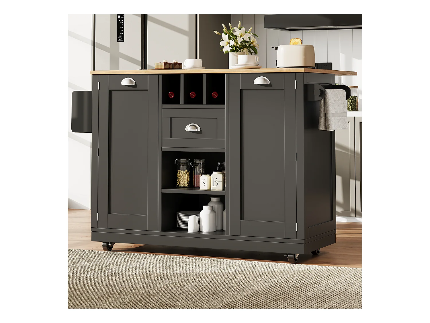 Îlot de cuisine mobile multifonction, MDF et métal, noir avec plateau bois (140x40x93.5cm)