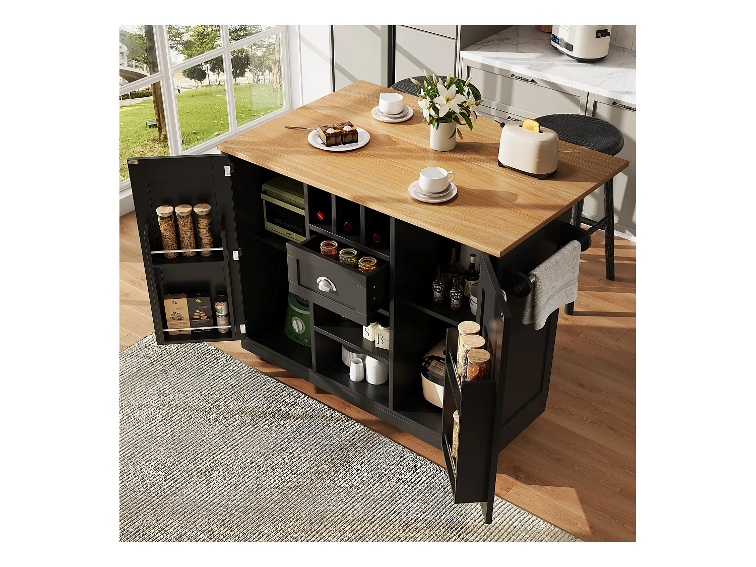 Îlot de cuisine mobile multifonction, MDF et métal, noir avec plateau bois (140x40x93.5cm)