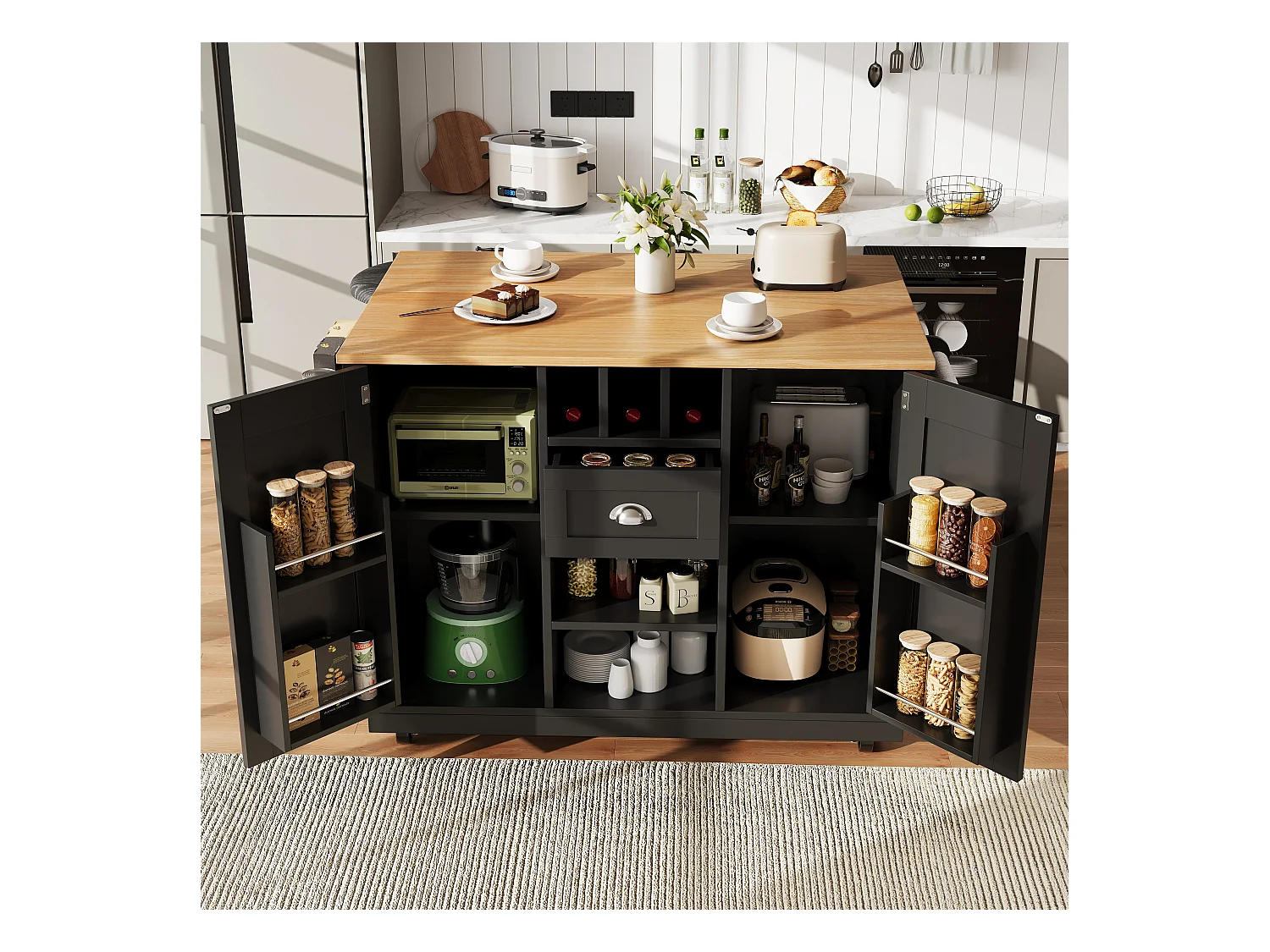 Îlot de cuisine mobile multifonction, MDF et métal, noir avec plateau bois (140x40x93.5cm)