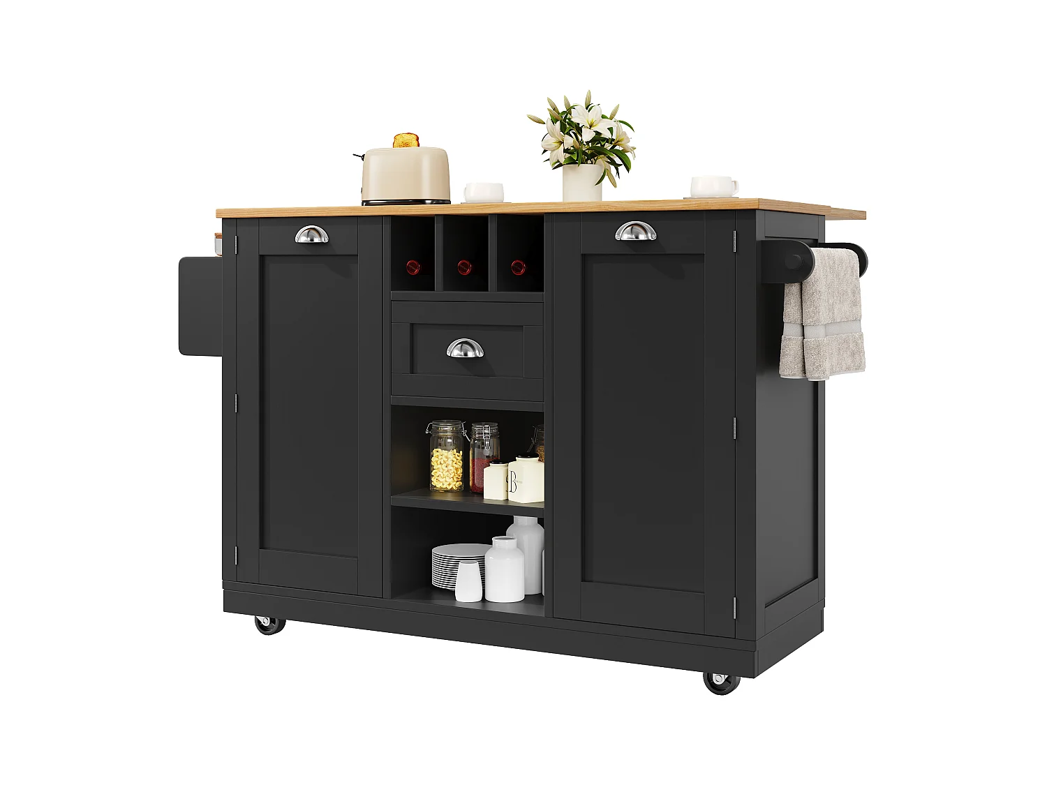 Îlot de cuisine mobile multifonction, MDF et métal, noir avec plateau bois (140x40x93.5cm)