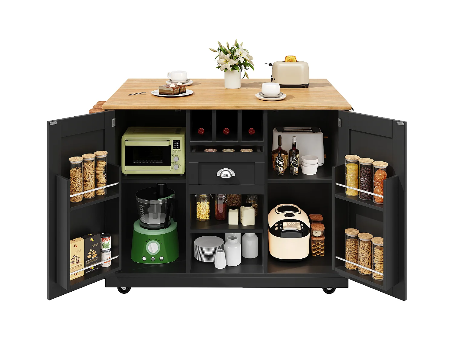 Îlot de cuisine mobile multifonction, MDF et métal, noir avec plateau bois (140x40x93.5cm)