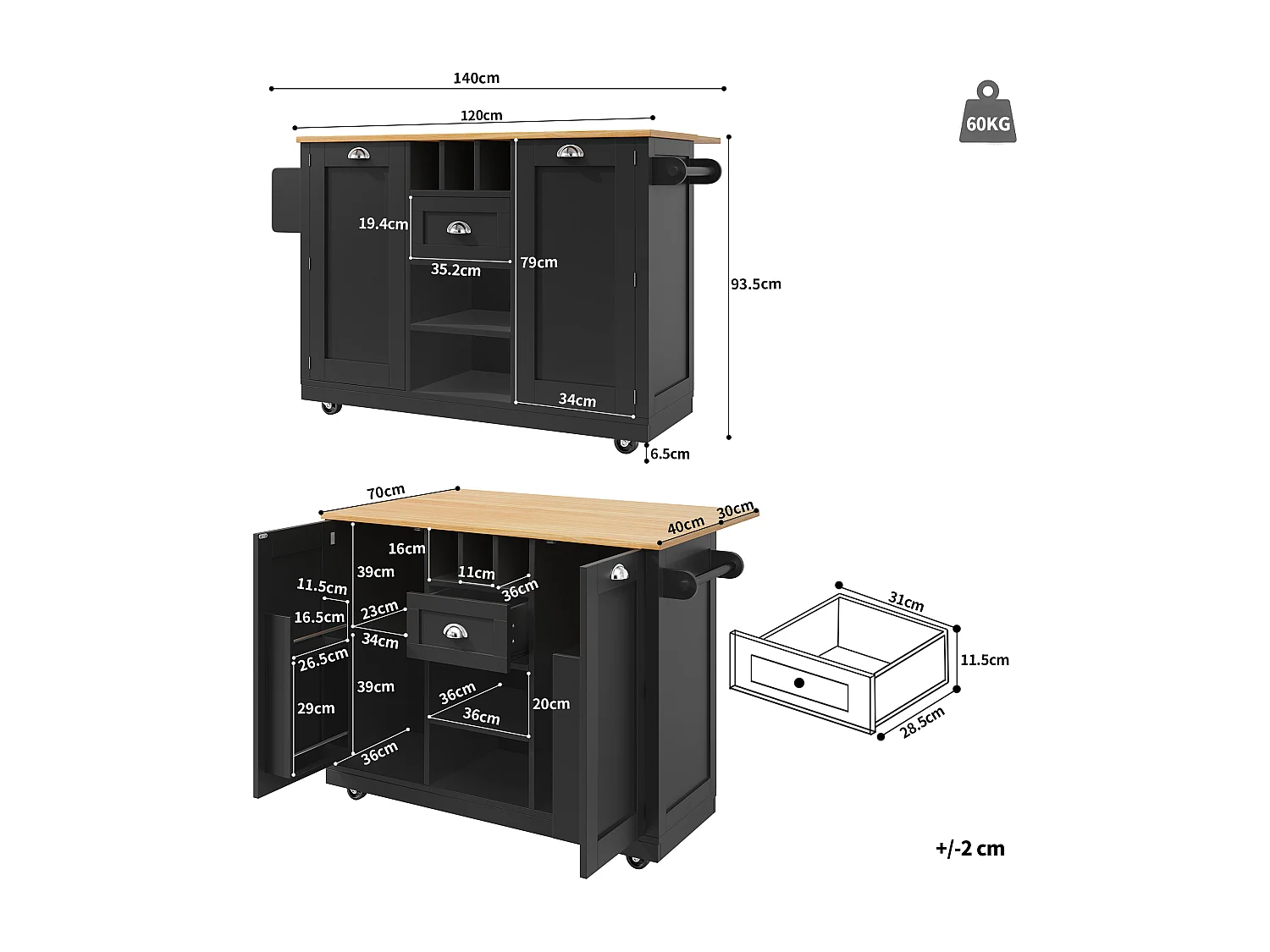 Îlot de cuisine mobile multifonction, MDF et métal, noir avec plateau bois (140x40x93.5cm)