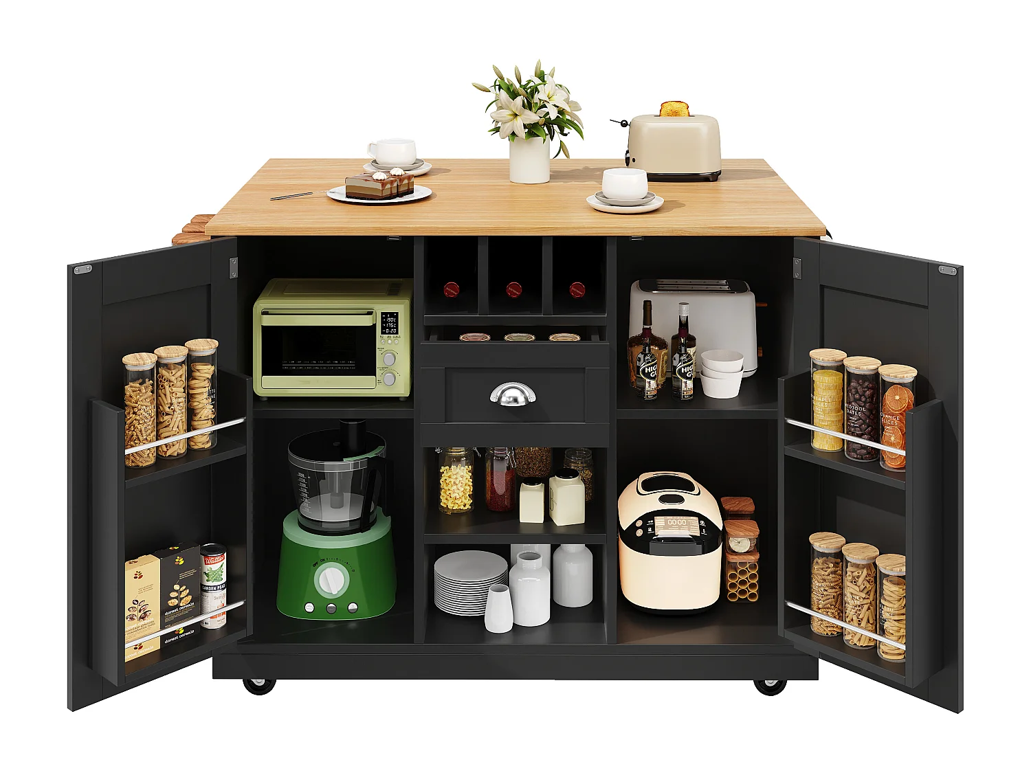 Îlot de cuisine mobile multifonction, MDF et métal, noir avec plateau bois (140x40x93.5cm)