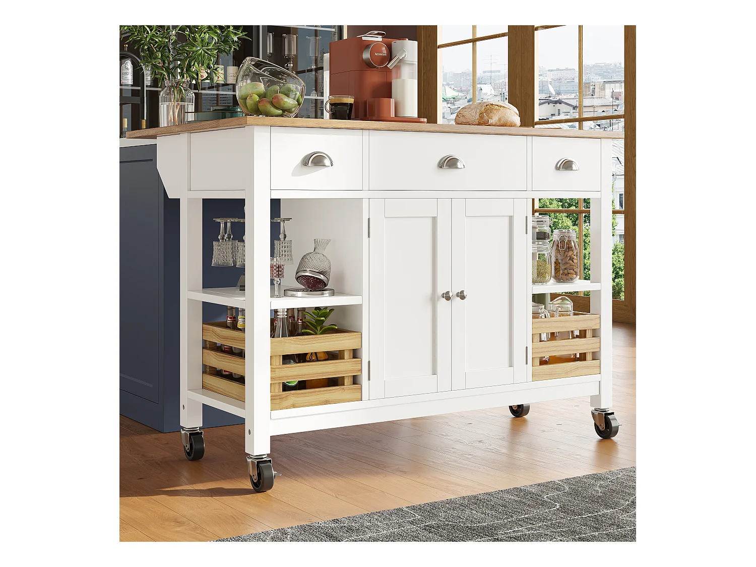 Îlot de cuisine moderne avec plateau en faux marbre, 3 tiroirs, rangement multifonctionnel, avec panier en pin, blanc (120x45x90 cm)