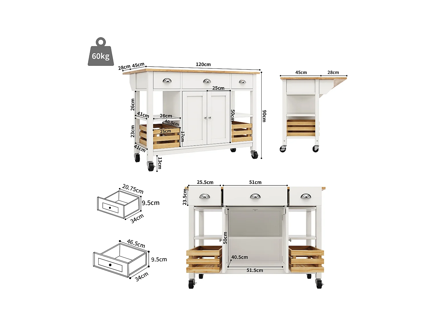 Îlot de cuisine moderne avec plateau en faux marbre, 3 tiroirs, rangement multifonctionnel, avec panier en pin, blanc (120x45x90 cm)
