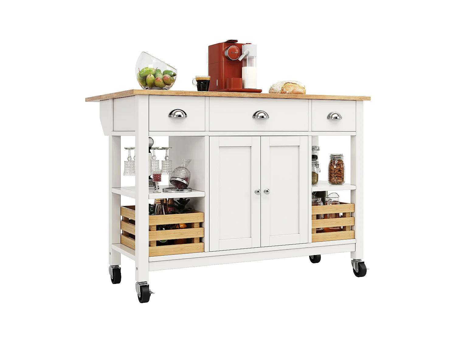 Îlot de cuisine moderne avec plateau en faux marbre, 3 tiroirs, rangement multifonctionnel, avec panier en pin, blanc (120x45x90 cm)