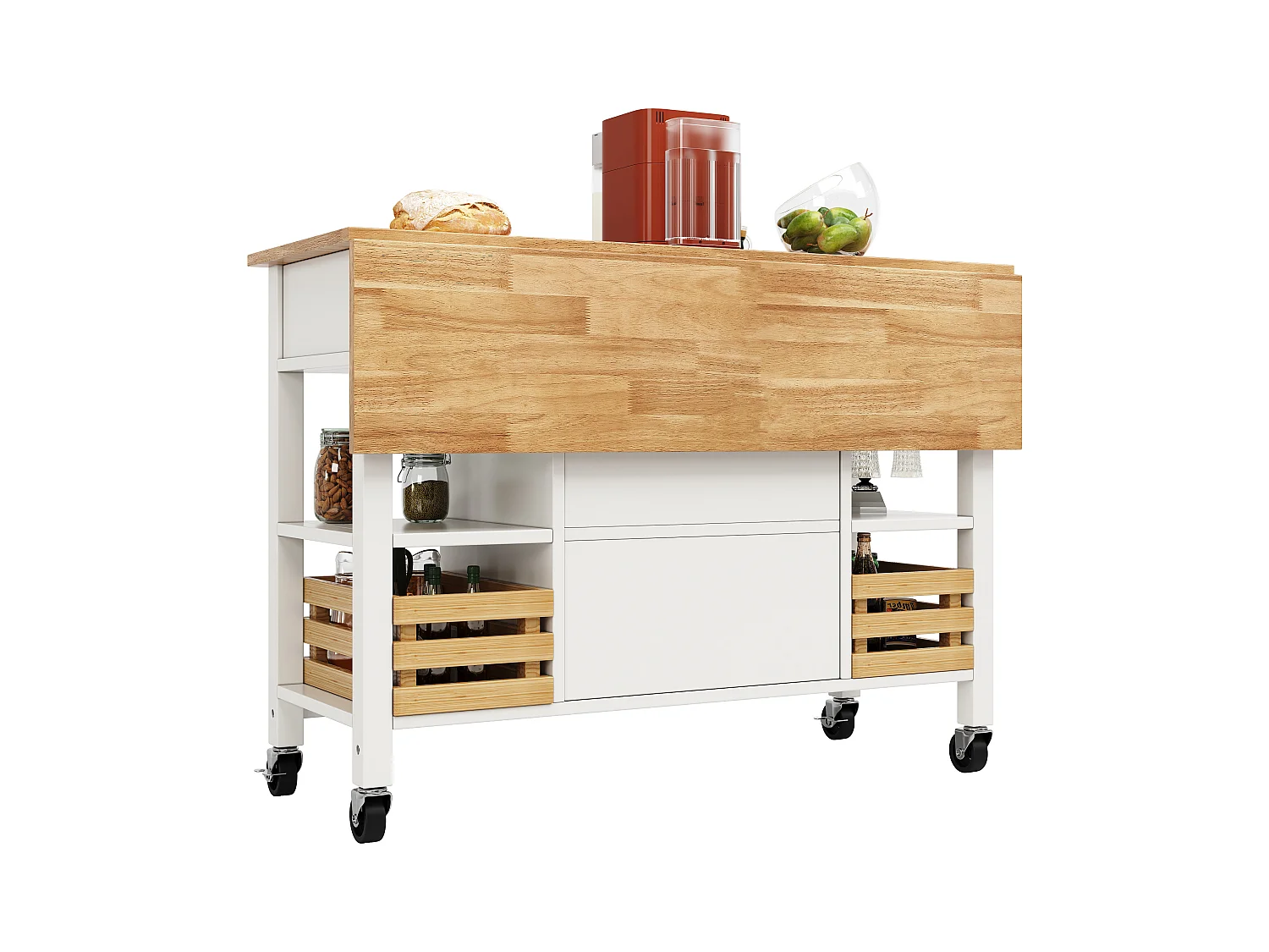 Îlot de cuisine moderne avec plateau en faux marbre, 3 tiroirs, rangement multifonctionnel, avec panier en pin, blanc (120x45x90 cm)