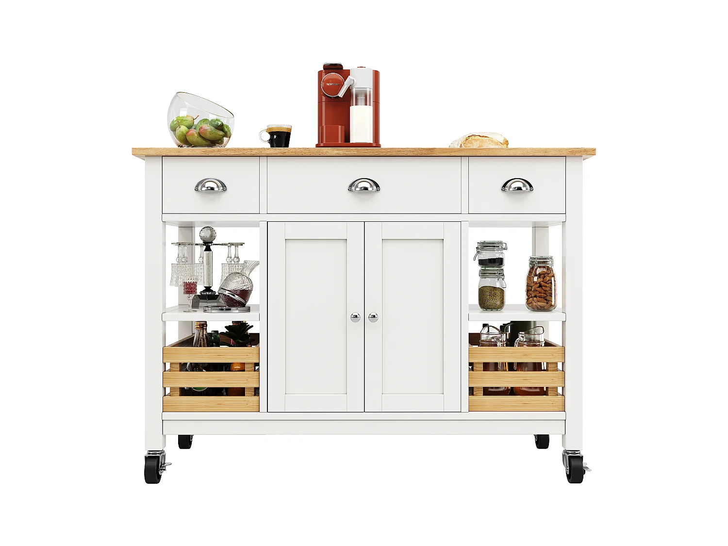 Îlot de cuisine moderne avec plateau en faux marbre, 3 tiroirs, rangement multifonctionnel, avec panier en pin, blanc (120x45x90 cm)