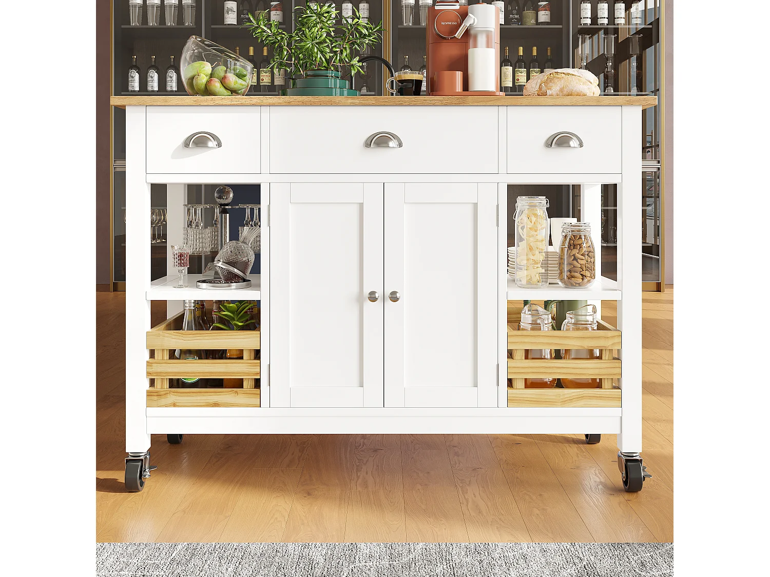 Îlot de cuisine moderne avec plateau en faux marbre, 3 tiroirs, rangement multifonctionnel, avec panier en pin, blanc (120x45x90 cm)