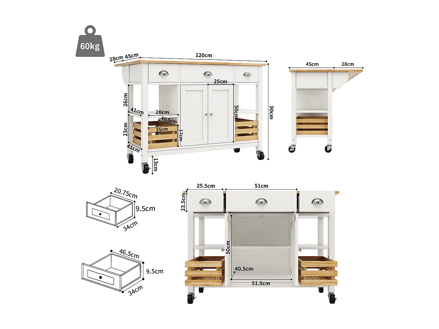 Îlot de cuisine moderne avec plateau en faux marbre, 3 tiroirs, rangement multifonctionnel, avec panier en pin, blanc (120x45x90 cm)