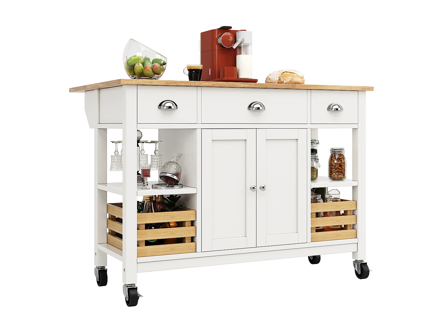 Îlot de cuisine moderne avec plateau en faux marbre, 3 tiroirs, rangement multifonctionnel, avec panier en pin, blanc (120x45x90 cm)