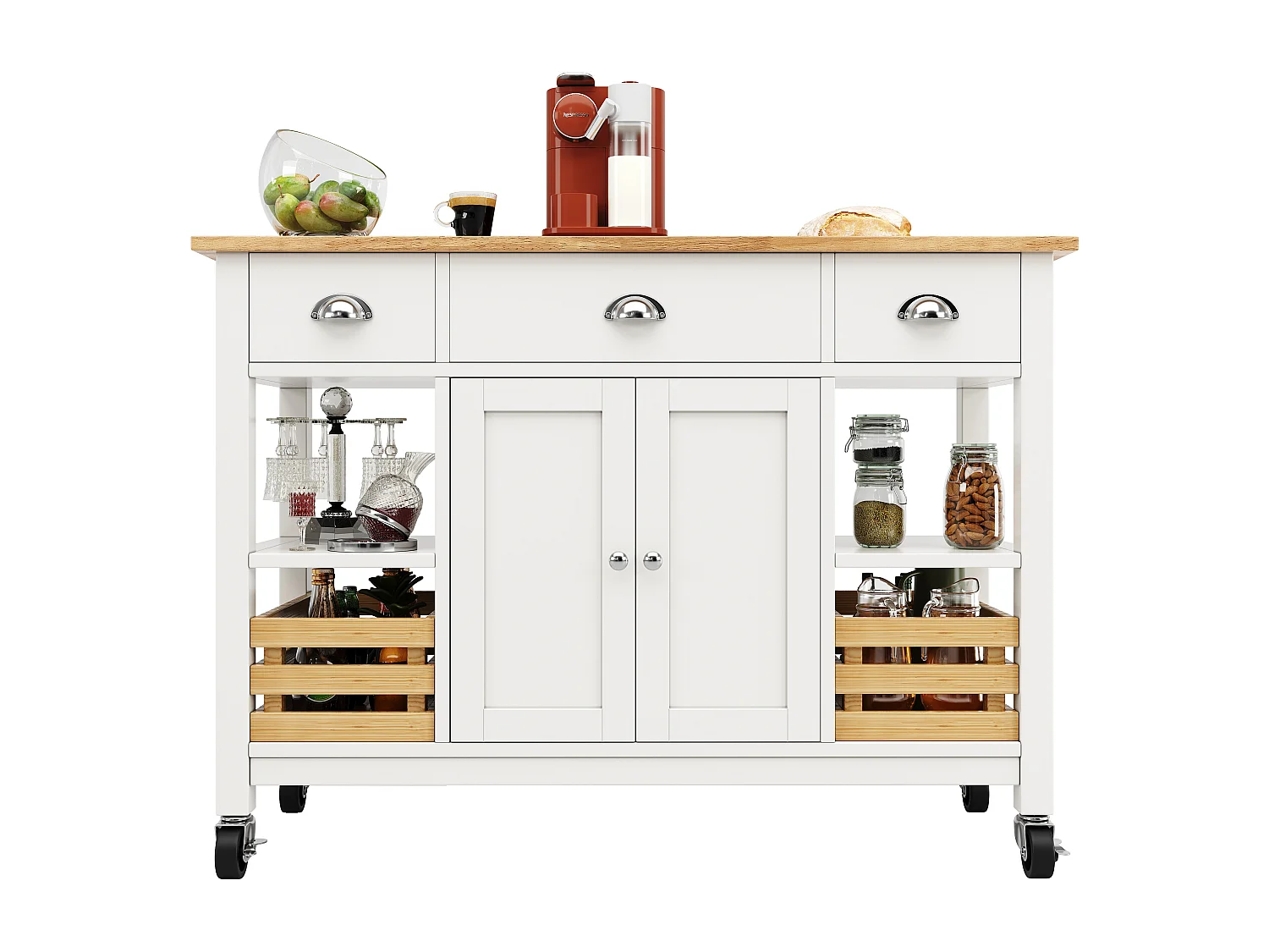 Îlot de cuisine moderne avec plateau en faux marbre, 3 tiroirs, rangement multifonctionnel, avec panier en pin, blanc (120x45x90 cm)