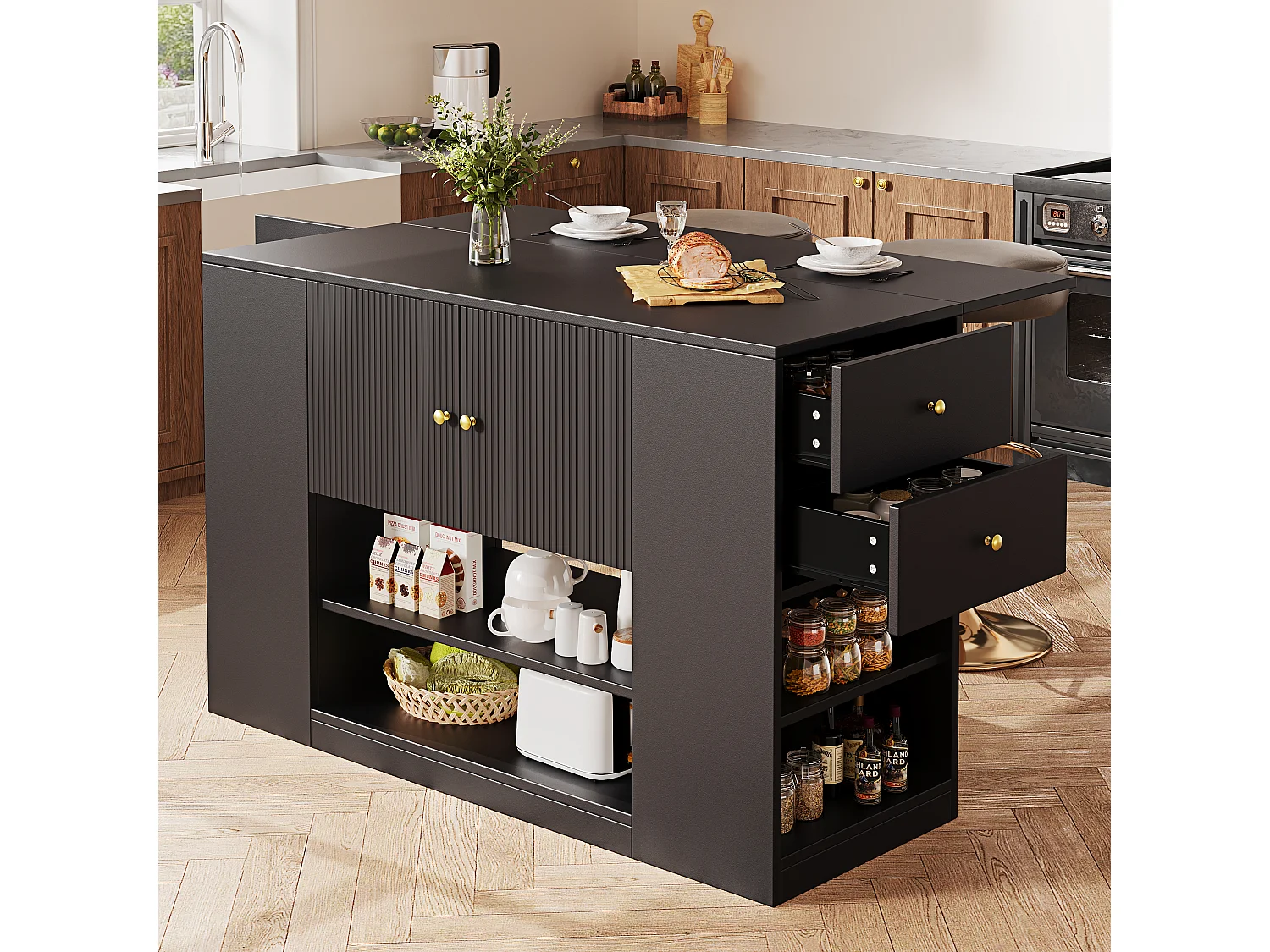 Isla de cocina moderna con almacenaje y encimera abatible, mueble de cocina negro con estantes y cajones (140 x 40 x 90 cm)