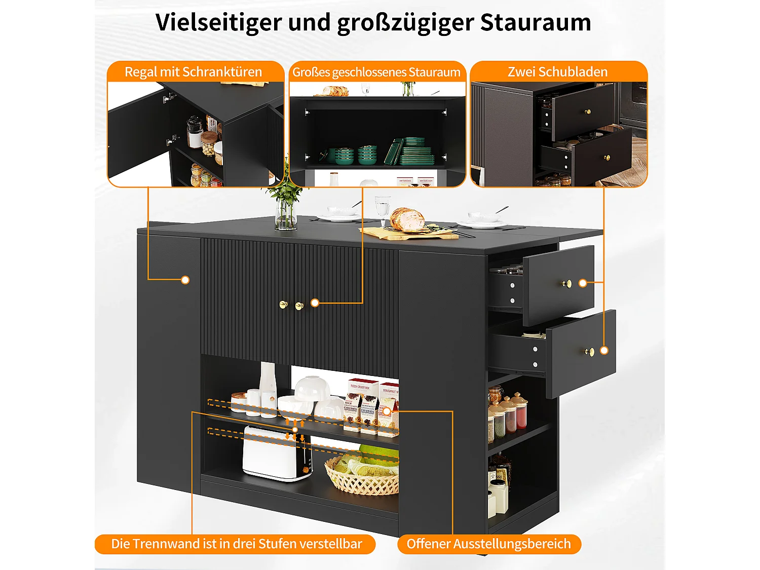 Isla de cocina moderna con almacenaje y encimera abatible, mueble de cocina negro con estantes y cajones (140 x 40 x 90 cm)