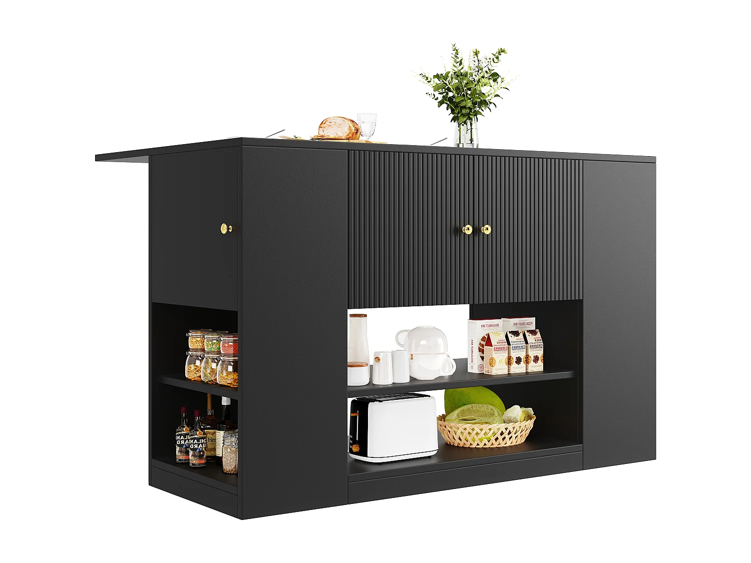 Îlot de cuisine moderne avec rangements et plateau rabattable, meuble de cuisine noir avec étagères et tiroirs (140 x 40 x 90 cm)