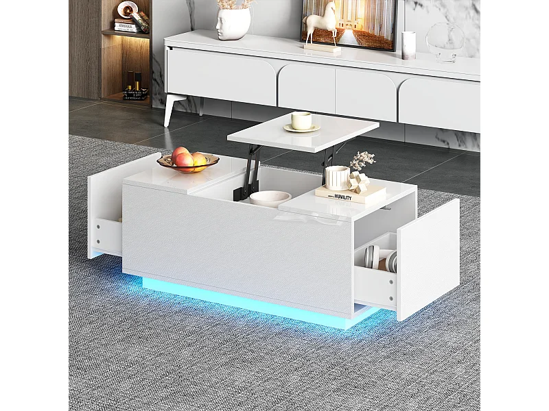 Mesa de centro elevable, 2 cajones, LED, diseño moderno, tablero de partículas, blanco (95x48x40 cm)