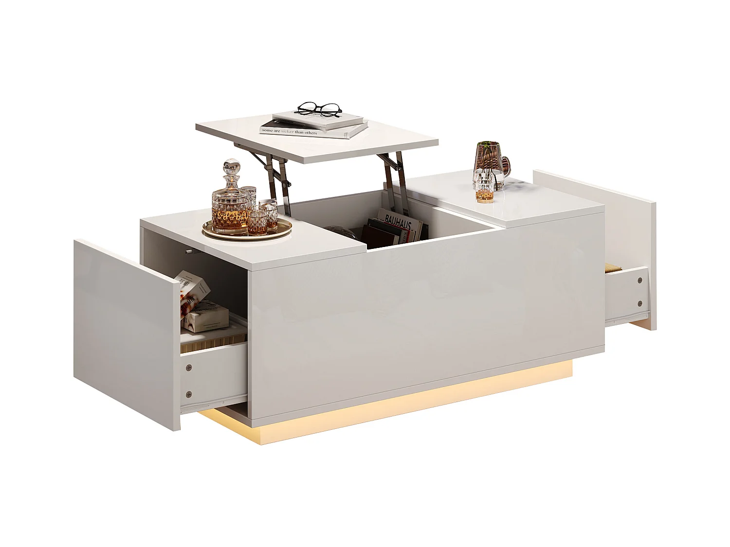 Table basse avec plateau relevable, 2 tiroirs, LED, design moderne, panneaux de particules, blanc (95x48x40 cm)